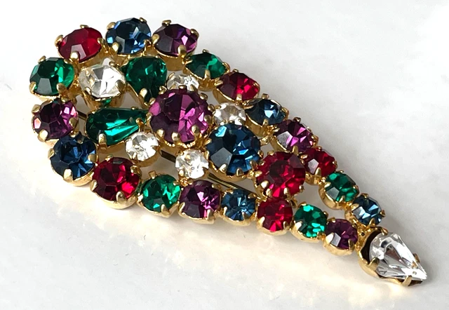 Broche Ancienne Ronde Vers 1900 - Métal Doré Avec Strass Et Pierre Rouge - Occasion