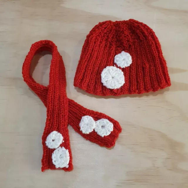 Baby Born Dolls Clothes, hand knitted hat & scarf set, Red