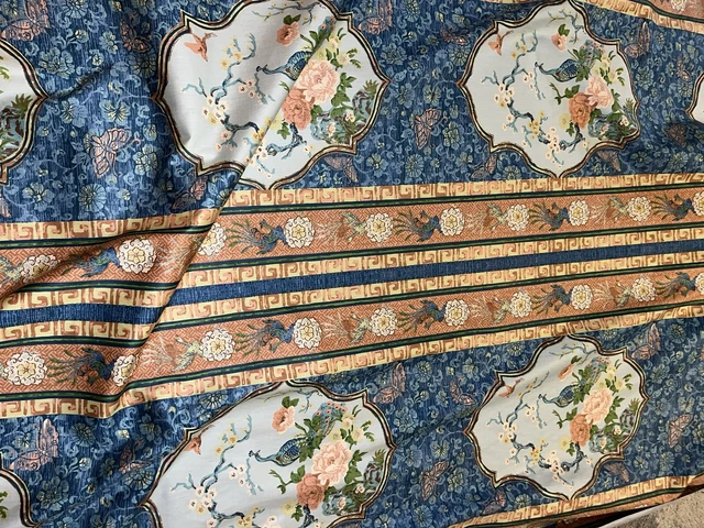 Vtg 7yds+ Oriental Asian PEACH BLUE ATELIER ORIGINALS SCREENPRINT DRAPERY FABRIC
