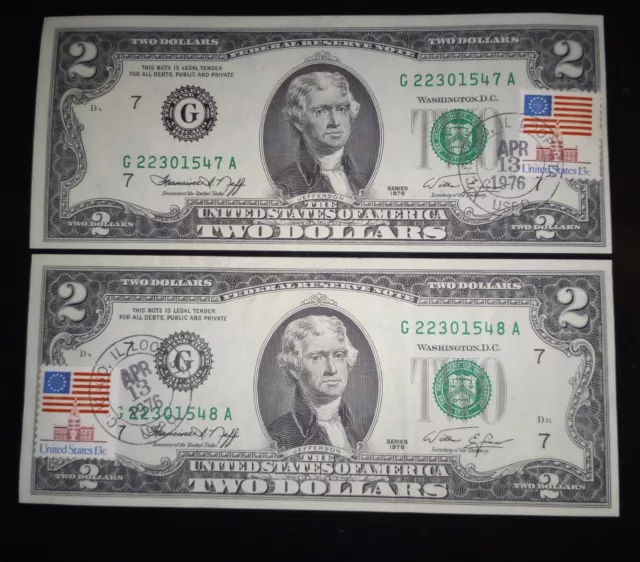 First Day Issue- 1976 $2 Fed Reserve Notes 2-Consecutive "Postmark" Chicago, IL