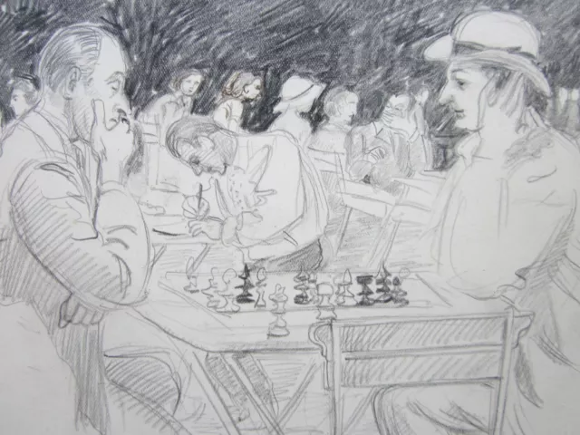 Interesting Antique Drawing c1930, Outdoor Chess Game