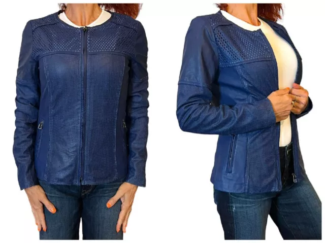 Womens Neiman Marcus Blue Genuine Leather Laser Cut Perforated Zip Jacket $479 S