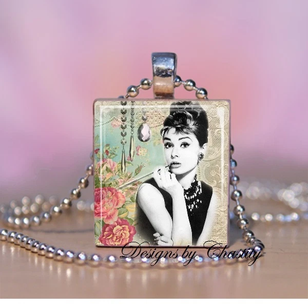 Audrey Hepburn Necklace Mixed Media Art Charm Breakfast At Tiffany's Audrey Hepburn Necklace Mixed Media Art Charm Breakfast At Tiffany's