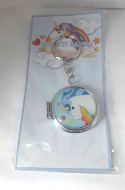Blue Unicorn enchanted rainbows pocket mirror keychain. (catid101)