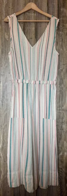 Splendid Multicolor Stripe Crop Jumpsuit V Neck Linen Blend Pockets Wide Leg M