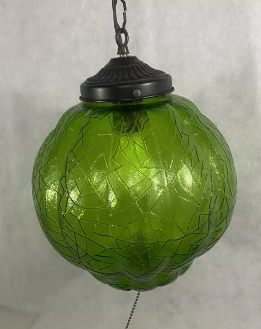 Vintage Mid Century Modern Green Crackle Glass Globe Lamp Hanging Light MCM Swag
