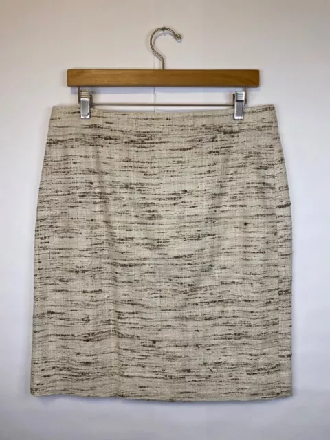 J. Crew Women's Size 8 White Brown Tweed Knit Silk Pencil Skirt Knee Length GUC