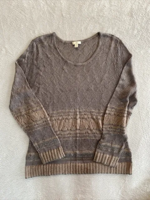 J. Jill Crochet Open Knit Tunic Sweater Women's Large Long Sleeve Brown/Gray