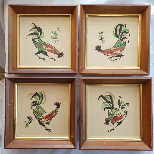 Vtg 4 Handpainted Watercolor Rooster Wood Framed Art French Country Cottagecore