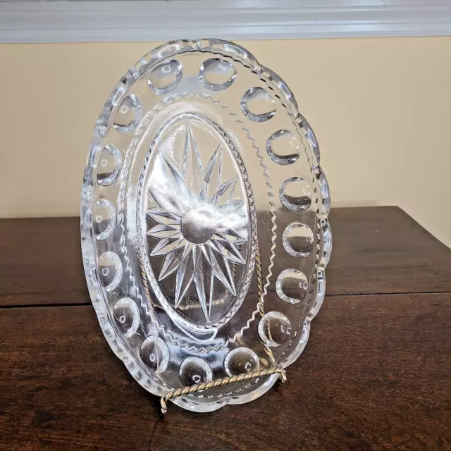 Adams EAPG Kings Crown Boat-Shaped Bowl 10" Crystal Oval Clear Thumbprint 1880's