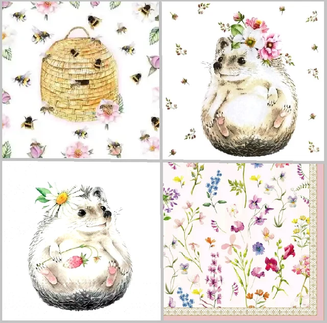 4 servilletas diferentes de papel de mesa vintage para decoupage fiesta almuerzo abeja erizo
