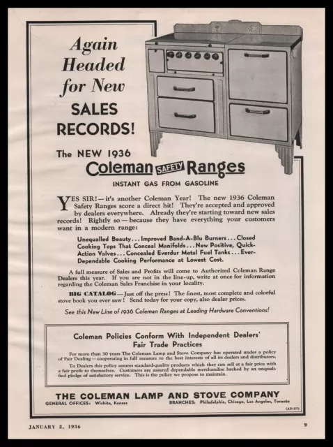 1936 Coleman Lamp & Stove Company Wichita Kansas Safety Ranges Vintage Print Ad