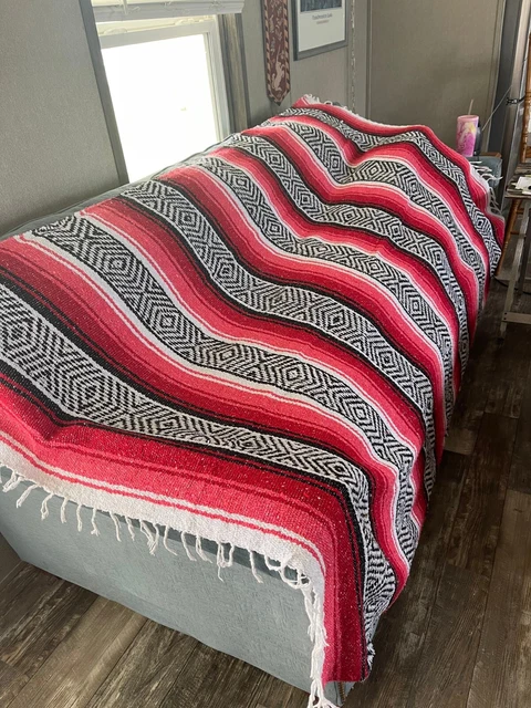 Authentic Handwoven Mexican Serape Blanket - Red, Coral, Black, & White Stripe