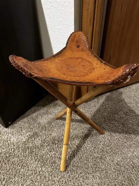 Vintage Handmade Leather Tri Pod Folding Stool Chair Seats - Used - Fair