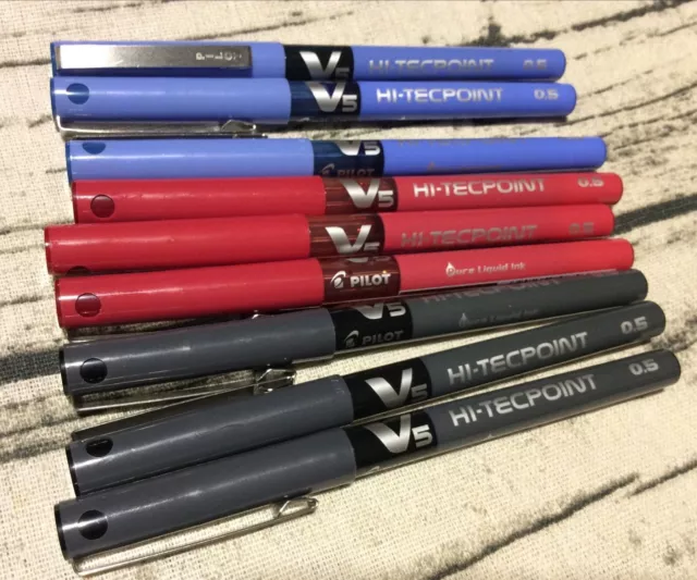 3x Pilot V5 Pens Blue Black Red Color Hi-Tecpoint Extra Fine 0.5 Ink Rollerball
