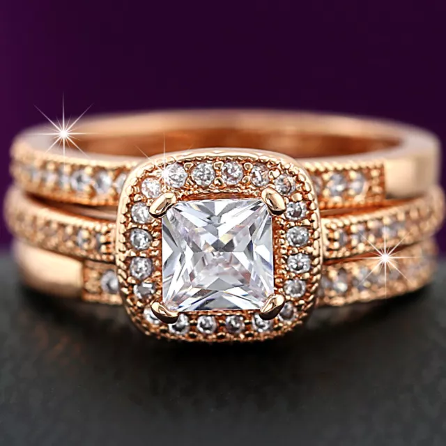 9K 9Ct Gold Gf Vintage Square Lab Diamond Lady Solid Engagement Wedding Ring Set 3