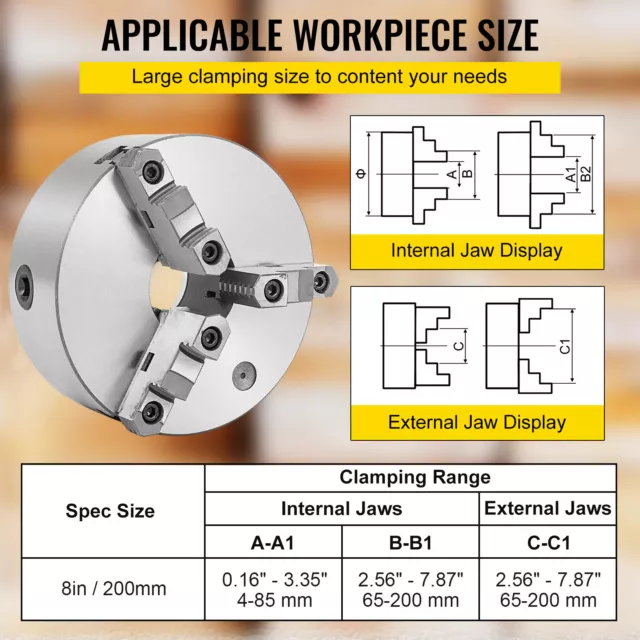 VEVOR 200mm/8 pouces ​Mandrin de Tour à 3 Mors Semi-steel Grinding 2-Piece Jaw 3