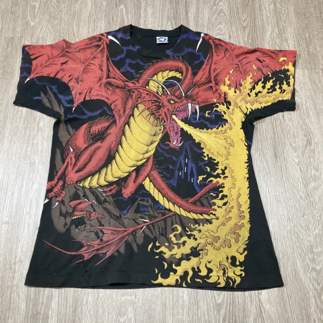 Vintage Dragon Shirt XL 90s 00s Liquid Blue Knight Flames Fire All Over AOP Tee