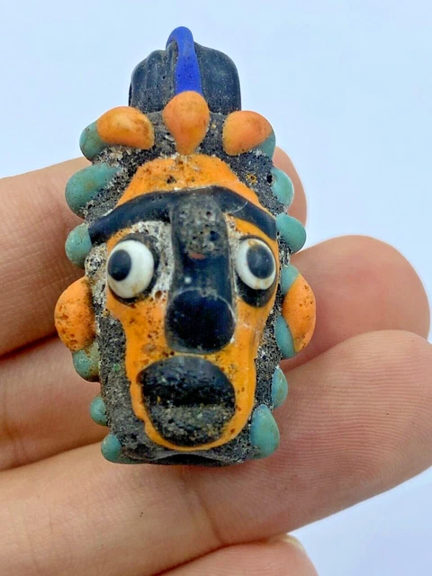 Ancien Glass Phoenician Mosaic Male Face Pendant With Loop To Be Worn