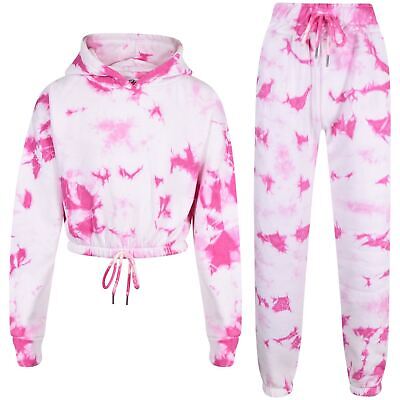 Kids Tie Dye Pink Tracksuit Gym Cropped Hoodie Sweatpants Cord Outfit Set Girls