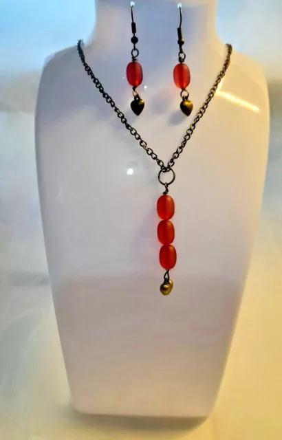 Necklace and Earrings, Frosted Beads, Bronze Heart Pendant, 45cm long chain,