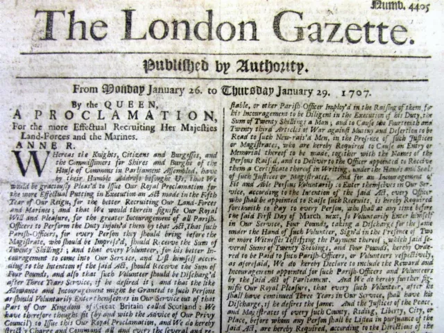 1708 London Gazette newspaper with a front page PROCLAMATION on QUEEN ANNE'S WAR