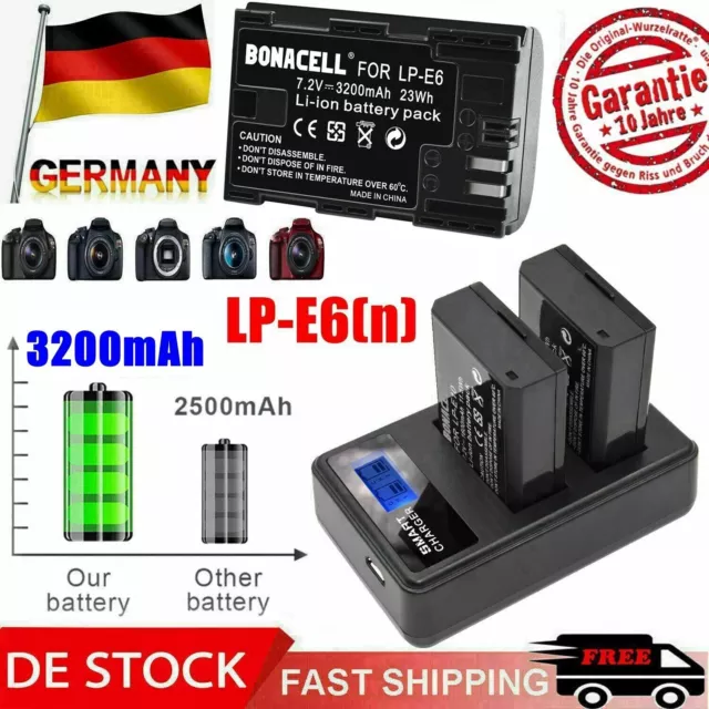 2 x 3200mAh Akku für CANON LP-E6 LPE6 EOS 60D 70D 5D 6D 7D Mark II III+Ladegerät