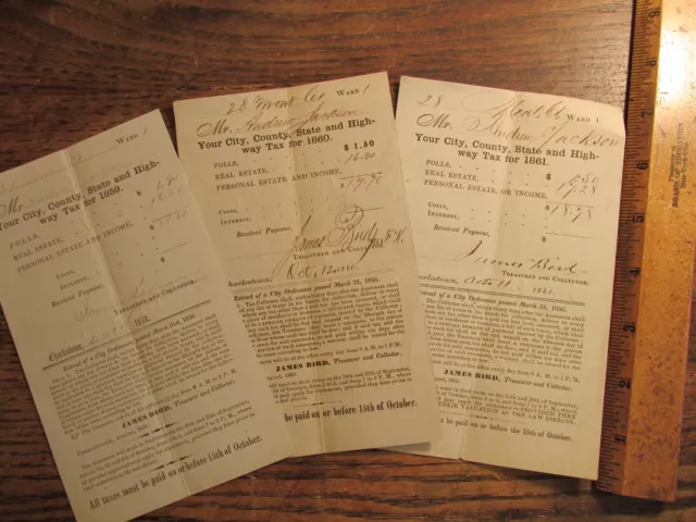 Antique Ephemera Document Lot 1800s Charlestown MA Tax Receipts Lot of 3
