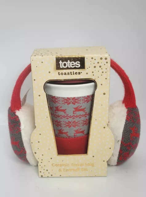 Totes Toasties Red ceramic travel mug and earmuff set.