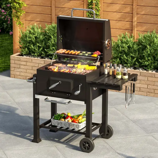 Outdoor Garden Charcoal BBQ Grill Portable Barbecue Trolley Smoker w/ Side Shelf