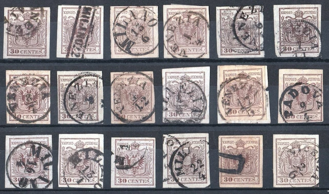 LOMBARDEI & VENETIEN Nr. 4, 30 Centes. braun, Lot mit 18 Stück