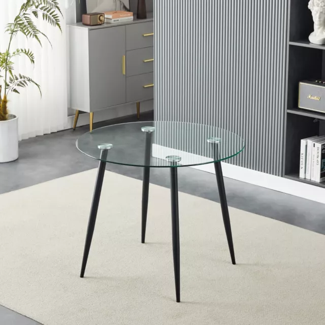 Glass Round Dining Table Home Kitchen Furniture Black Legs Modern Dining Room