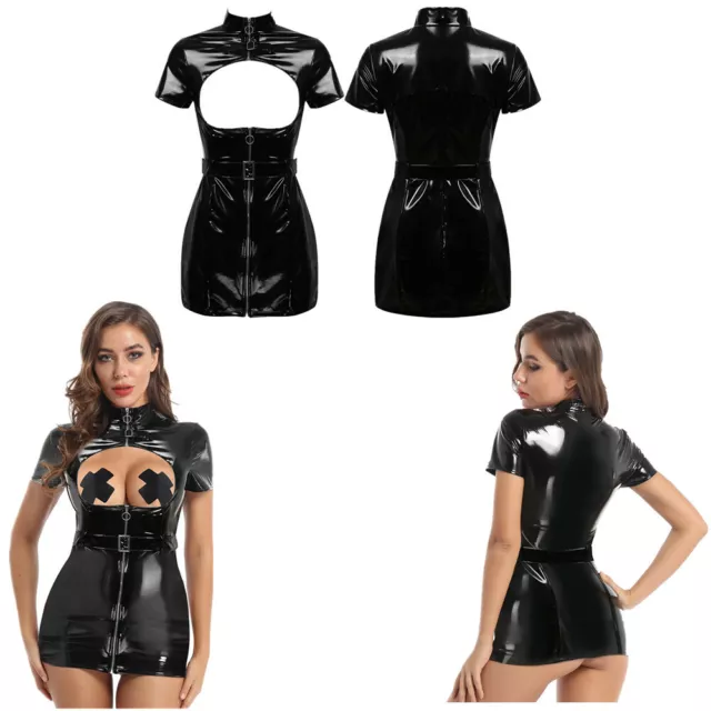 Womens Sexy Wet Look Short Mini Dress PVC Leather Bodycon Glossy Party Club Wear