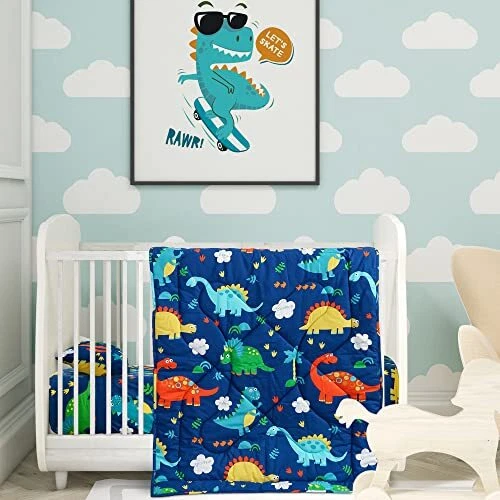 Dinosaur Nursery Mini Crib Bedding Set for Boys - Microfiber 3 Piece