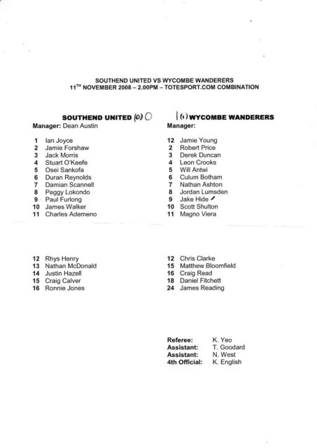 Teamsheet - Southend United Reserves v Wycombe Wanderers Res 2008/9 (11 Nov)