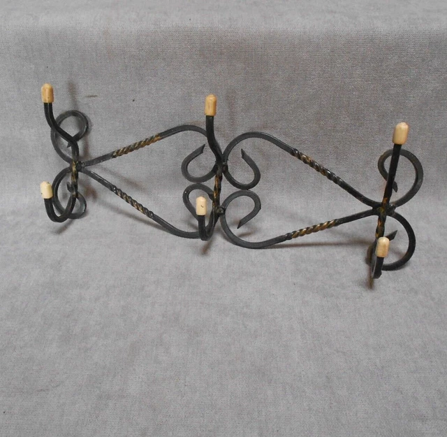 Vintage French Black wrought iron Coat Hat Rack w/3 hooks hangers