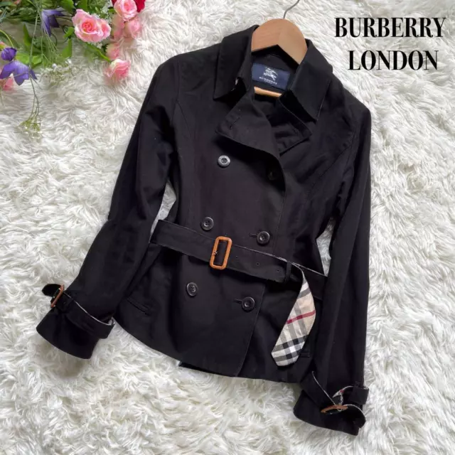 Burberry London Black trench coat, short length, belted, Nova check