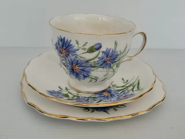 Royal Vale Vintage Blue Cornflower Fine Bone China Teacup, Saucer & Plate TRIO