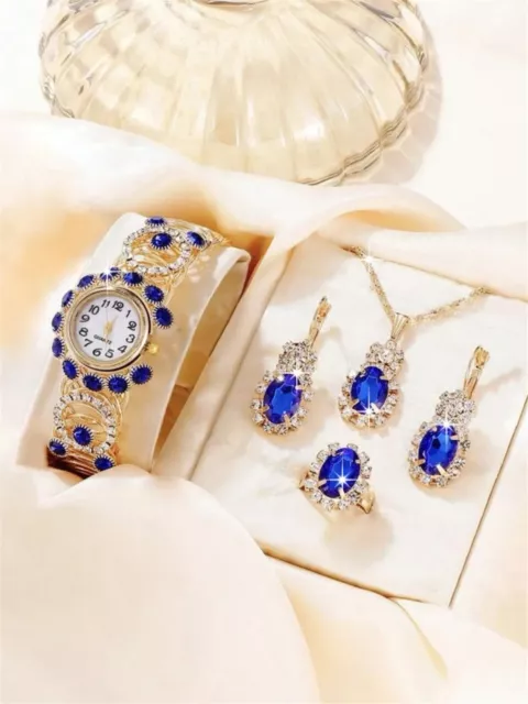 Ensemble 5 pcs Montre luxe femme parure or Bleu bijoux collier boucle d oreilles