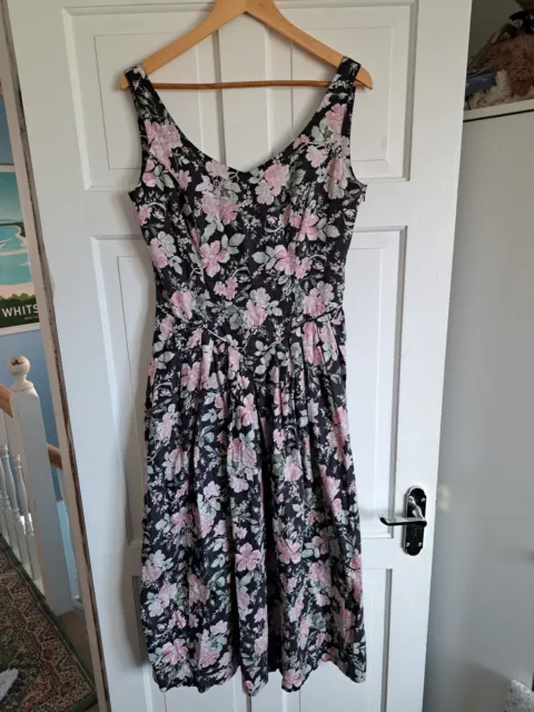 VINTAGE LAURA ASHLEY Grey Floral Basque Midi Dress Fits UK 10 12 Made in GB