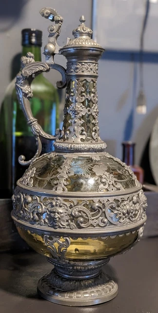 Theresienthal Pewter Green Gass Claret Decanter J Lichtinger Antique Renaissance