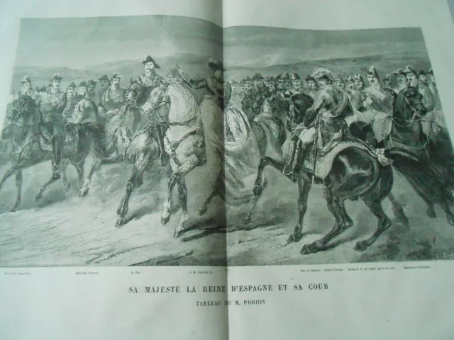 Grande Gravure 1861  Sa Majesté La reine d'Espagne et sa Cour The Queen of Spain