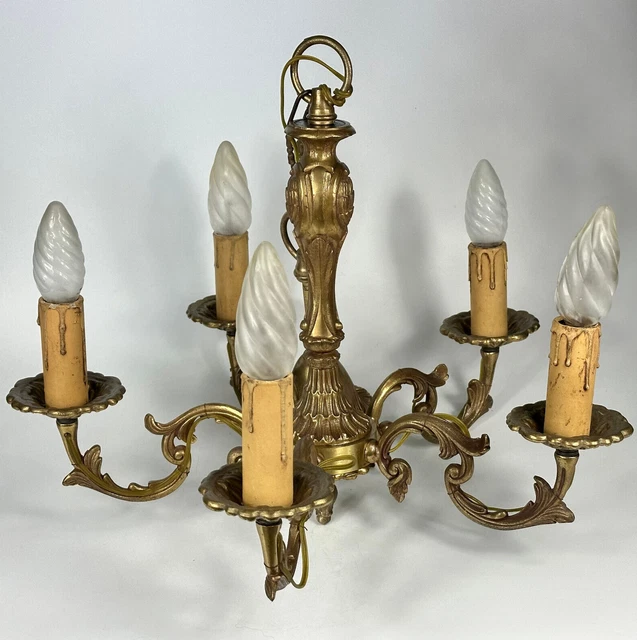 Vintage French Baroque 5 Arm Large Ornate Heavy Bronze Ceiling Light Chandelier
