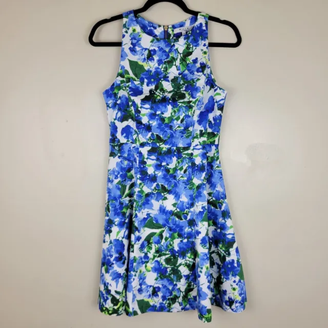Milly 4 Blue & Green Flower Print Sleeveless Fit & Flare Dress