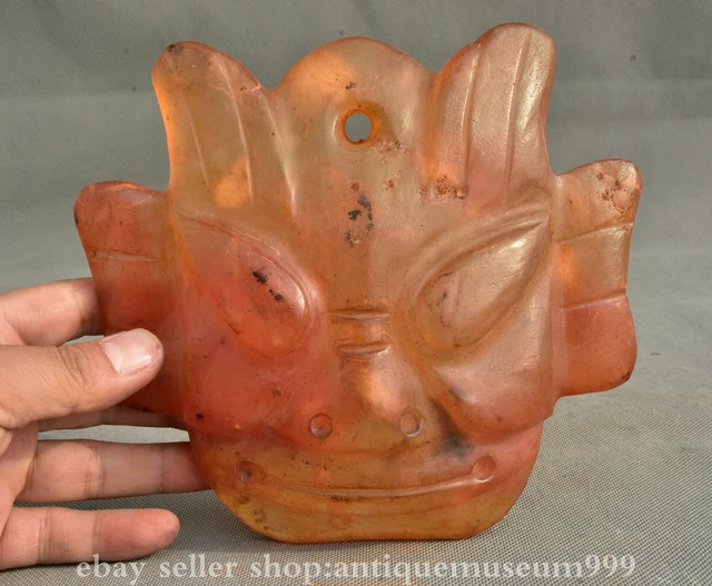7.2” Old Chinese Hongshan culture red crystal Carved human face mask “Gua Jian”