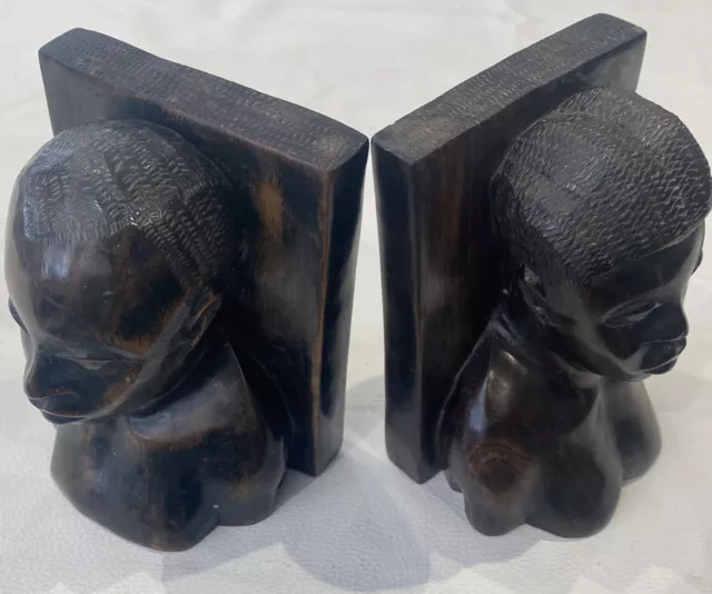 Vintage Solid Wood Bookends Tribal Hand Carved Busts Heavy Interior Design