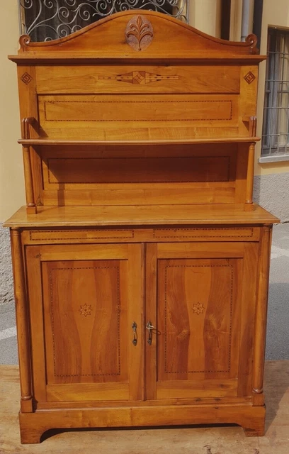 Credenza Con Piattaia Liberty 1890 Noce Intarsiato Restaurato H 182 L 109 P 36