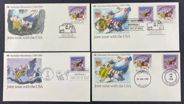 4 x Different 1988 Australian Bicentenary Joint Issue USA FDC First Day Covers