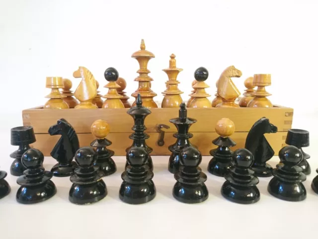 Vintage Hungarian Wood Chess Set, Pieces, Board Box, Vienna Style, 1970s