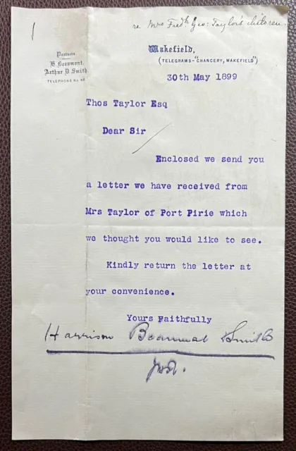 1899 Beaumont & Smith, Solicitors, Wakefield Letter